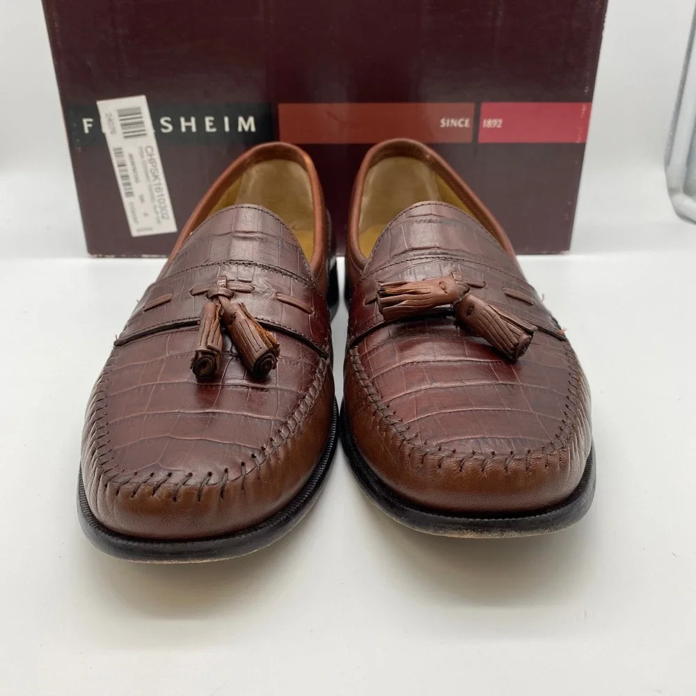 Florsheim Pisa Tassel Loafers Mens 10.5 D Cognac Leather Croc Embossed 18469